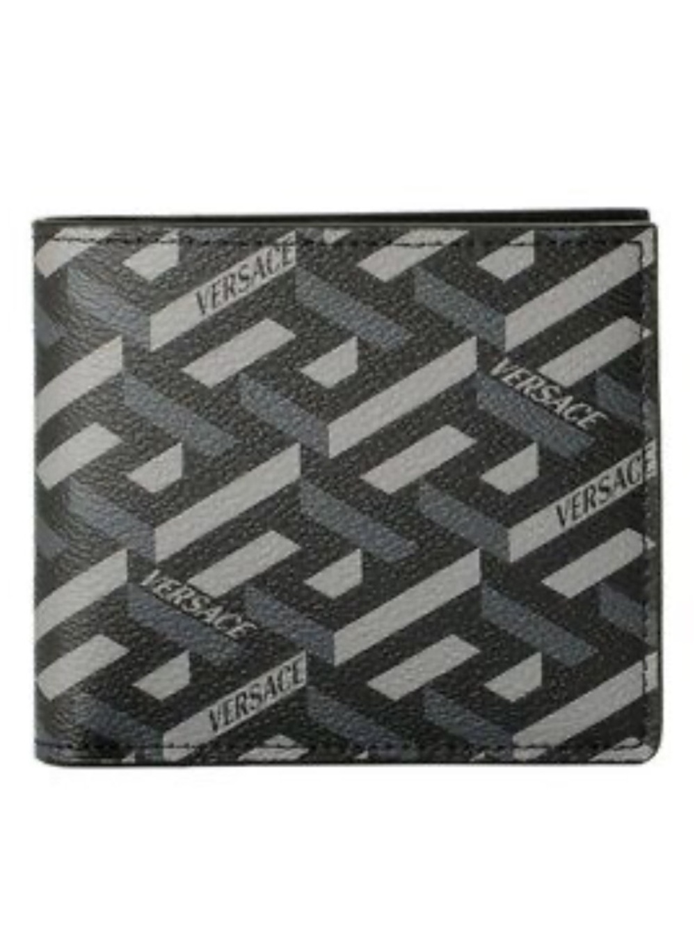 Versace La Greca Leather Bifold Wallet In Black/Gray-Authentic New